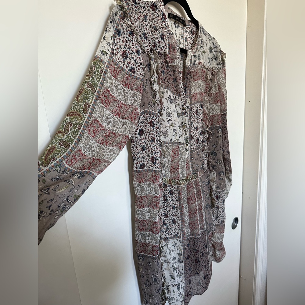 Zara Basics Sheer Boho Paisley Pattern Patchwork Tunic Dress